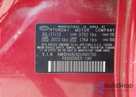 2013 Hyundai Elantra Gls z USA, uszkodzony, nr VIN KMHDH4AE6DU940700